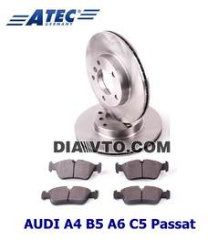 Предни дискове и накладки комплект за AUDI A4 B5 B6 B7 A6 C5 PASSAT SUPERB ATEC Germany